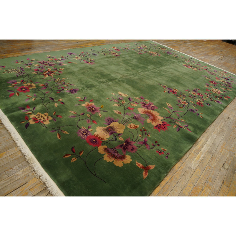 Green Color Solid Open Field Antique Floral Art Deco Chinese Room Size Wool Rug