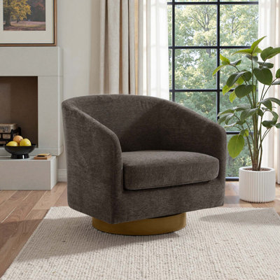 Applewold Upholstered Tan Chenille Swivel Barrel Chair with Solid Wood Base