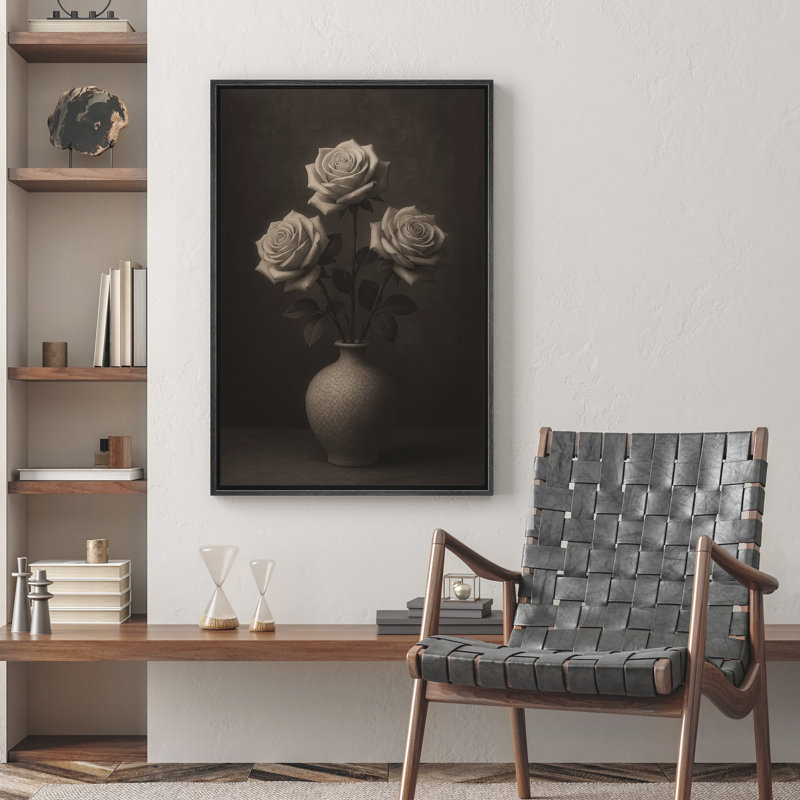 «Three Roses White in Elegant Vase Floral Still Life», reproduction d'art sur toile encadrée dans la chambre principale, Noir