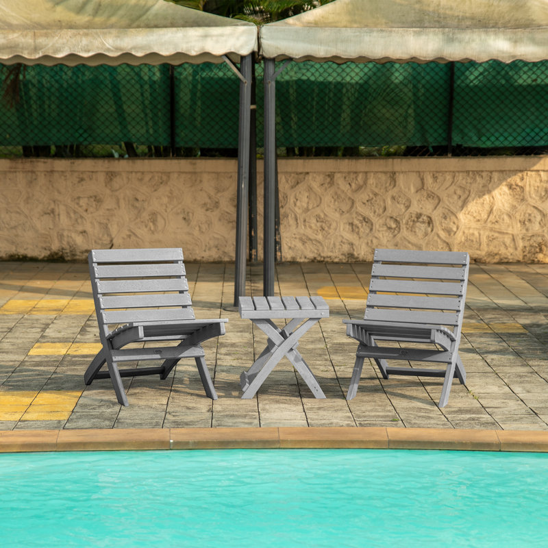 Grandcourt Fully Assembled All-Weather Outdoor Folding Patio Chair and Table 3 Piece Set, Gray