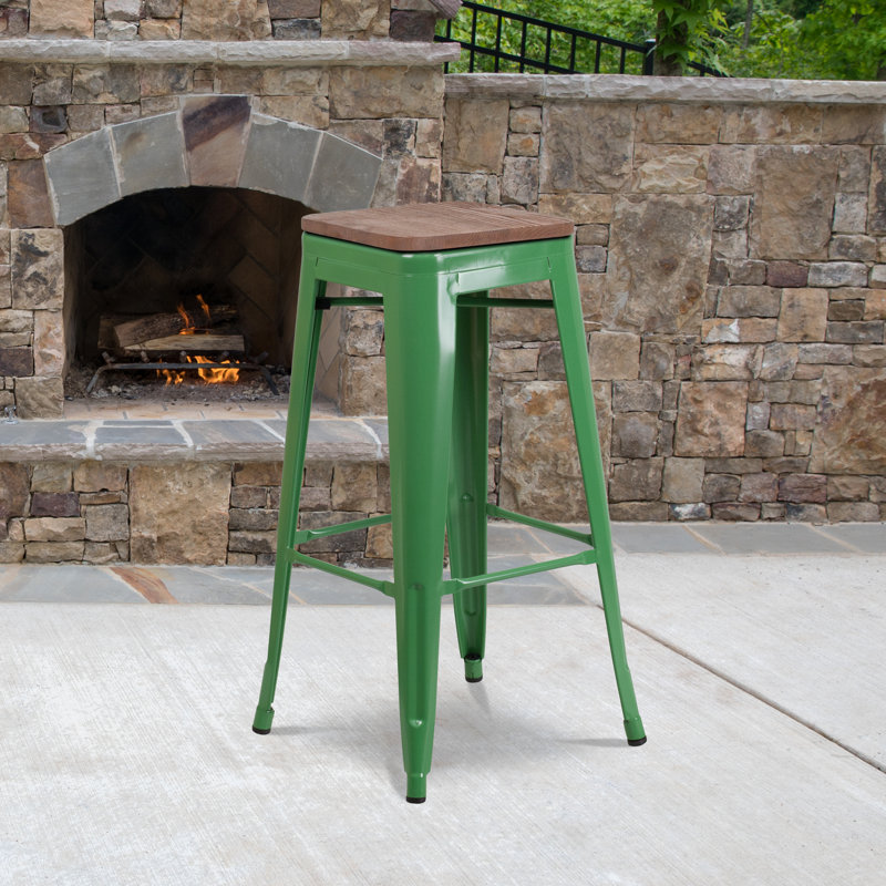 Geraldine 30" High Backless Metal Barstool with Square Wood Seat, Green