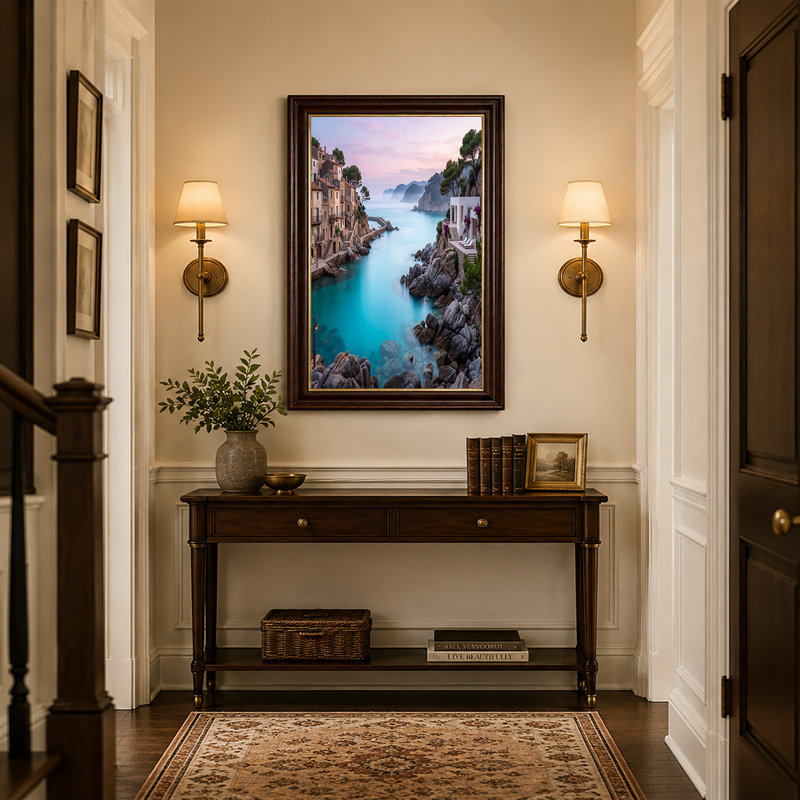 «Turquoise Bay and Coastal Village at Sunset», art mural, H 12 po x l 18 po