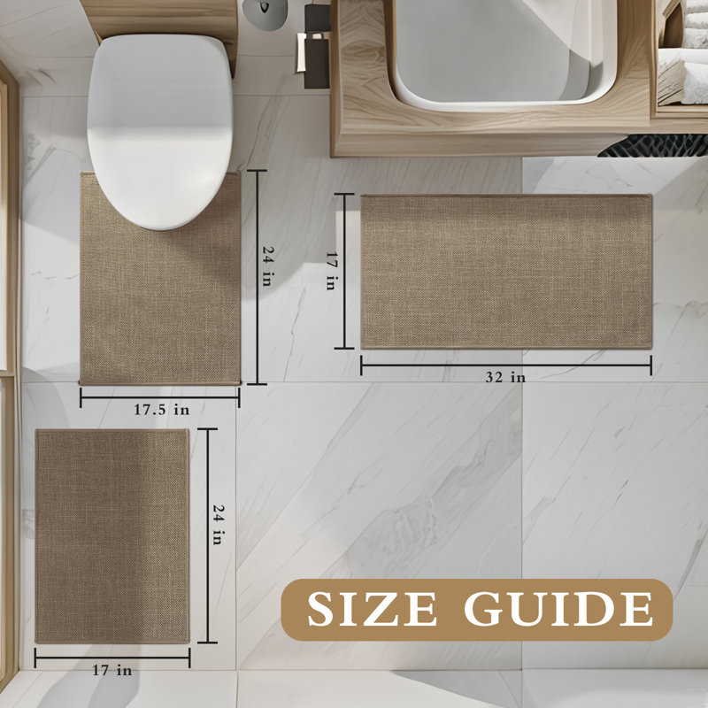 Ensemble de 3 tapis de bain d'aspect lin avec envers antidérapant, Café