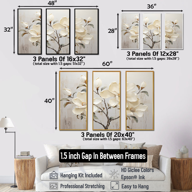 «Magnolias beige et vert», ensemble d'art mural sur toile Magnolias, H 40 po x l 60 po x P 1 po, Cadre flottant érable