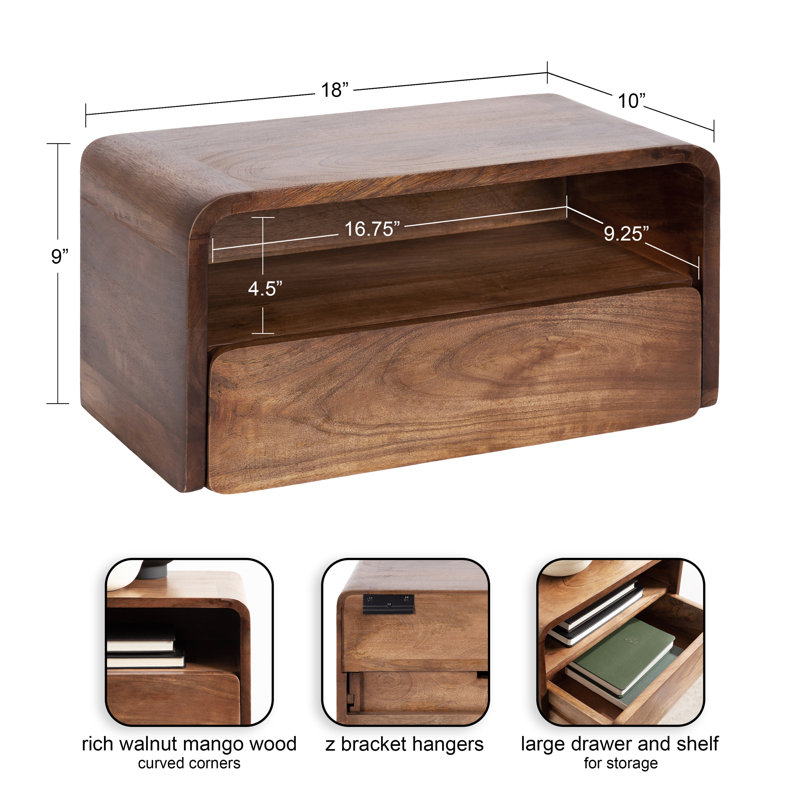 Walnut Mango Wood Floating Shelf with Drawer