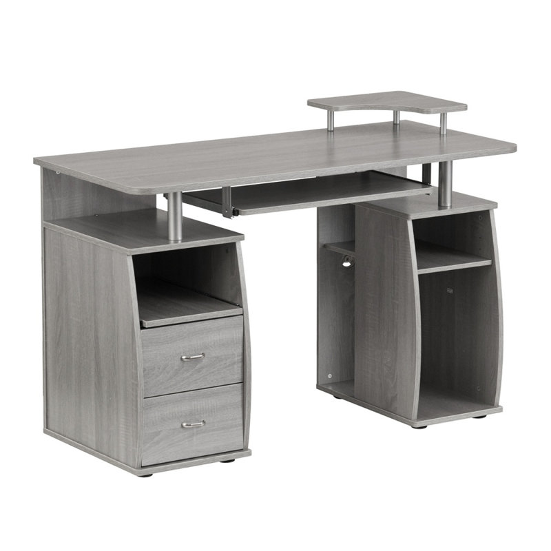 Grey Multifunctional Computer Workstation Desk With Storage Drawers, Keyboard Tray & Cpu Compartment