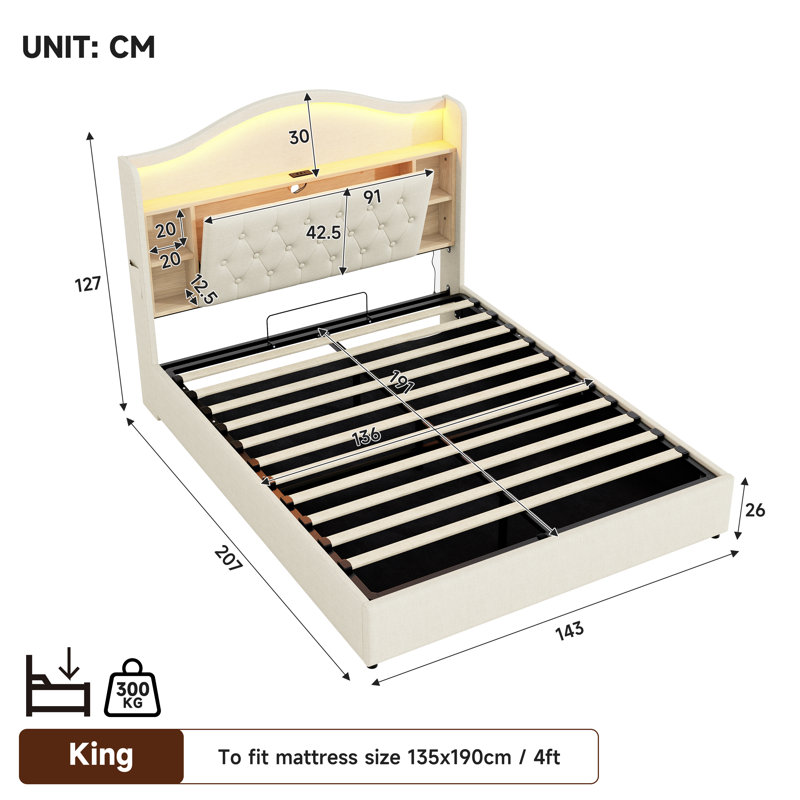 Upholstered Ottoman Storage Bed, 143 x 207 cm