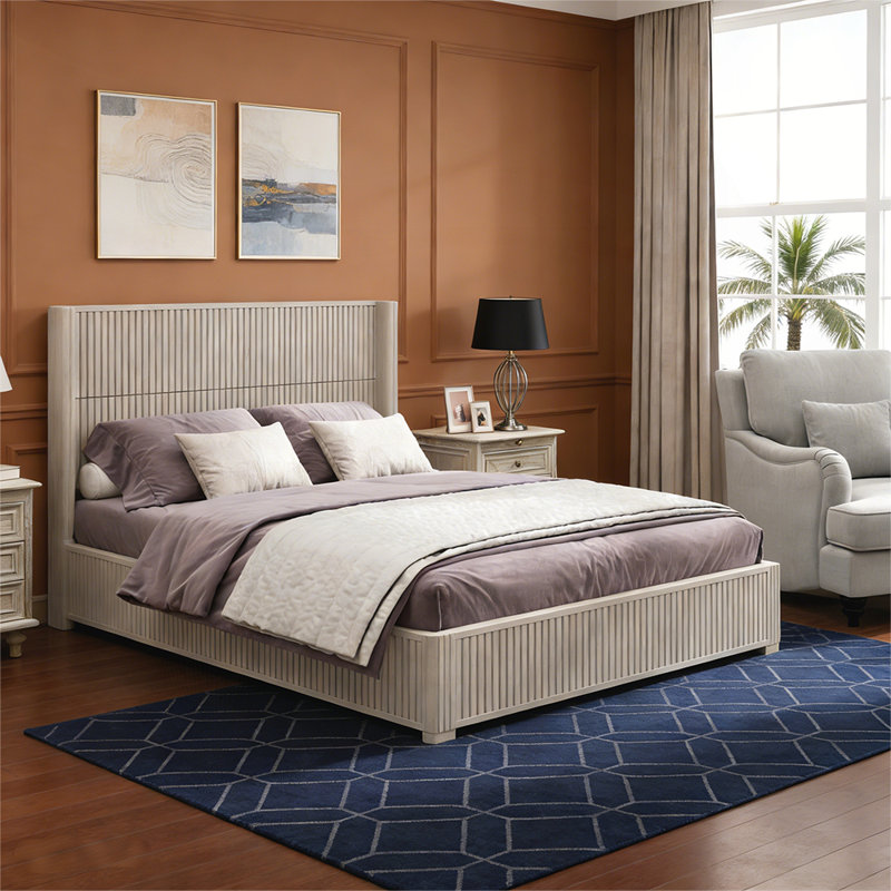 Structure de lit plateforme en bois massif avec tête de lit, aucun sommier requis, sur pied, facile à assembler, Beige