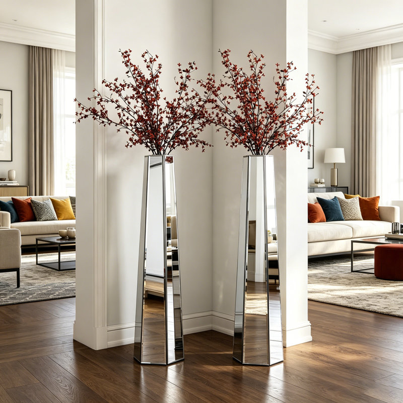 2 vases de plancher à miroir géométriques faits à la main de 30 po de style moderne et ultra-moderne