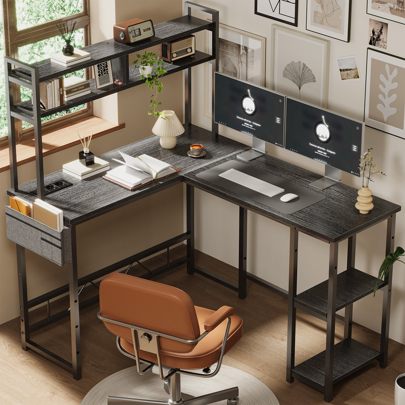 L-Shape Computer Desk 160cm x 50cm x 75cm with Adjustable Storage Rack, 150cm H x 160cm W x 120cm D, Black
