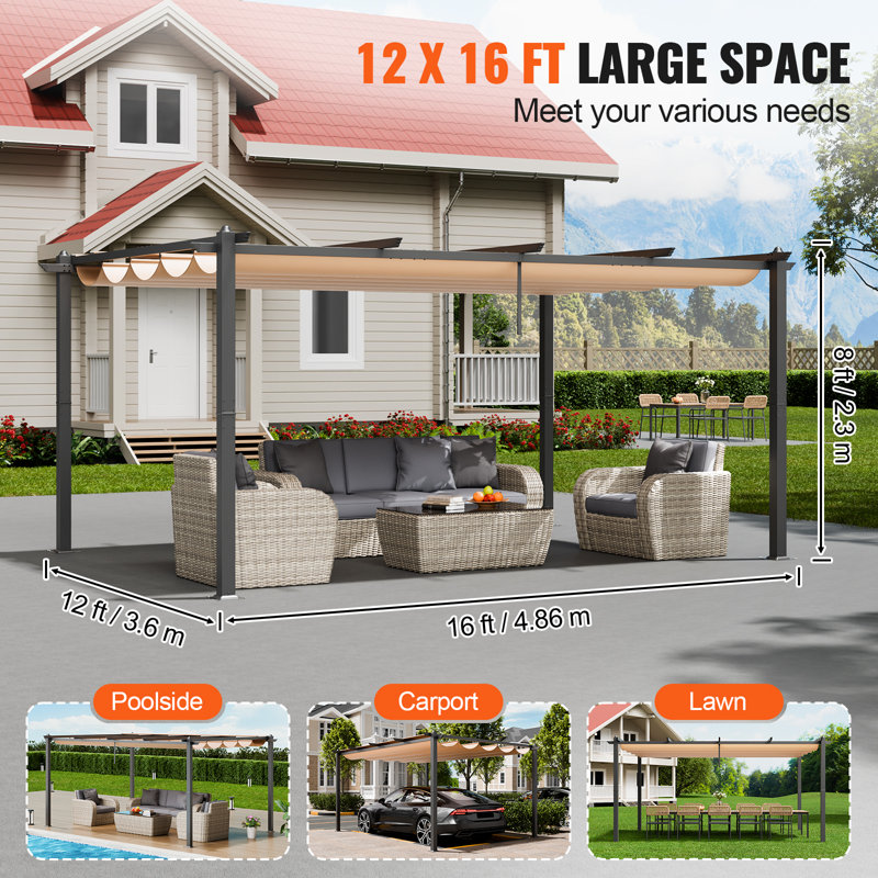 Outdoor Retractable Pergola with Sun Shade Canopy Aluminum, Beige, 90.55" H x 141.73" W x 191.34" D