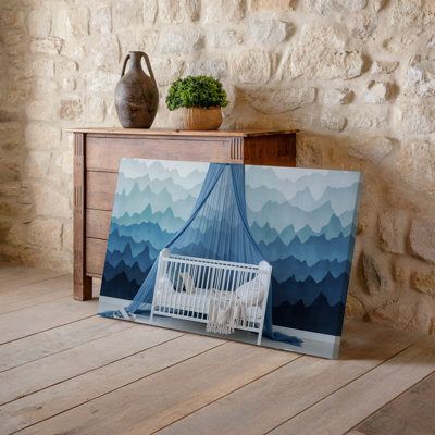 Toile, scène de chambre de bébé sereine mettant en vedette un lit de bébé minimaliste dans un art mural en bois blanc orné de couvertures moelleuses et d'un coussin décoratif