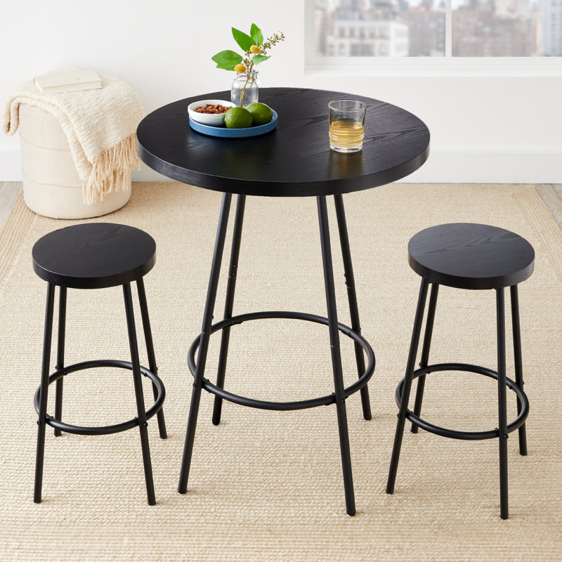 Black Modern Round Counter Height Pub Table Set with 2 Stools