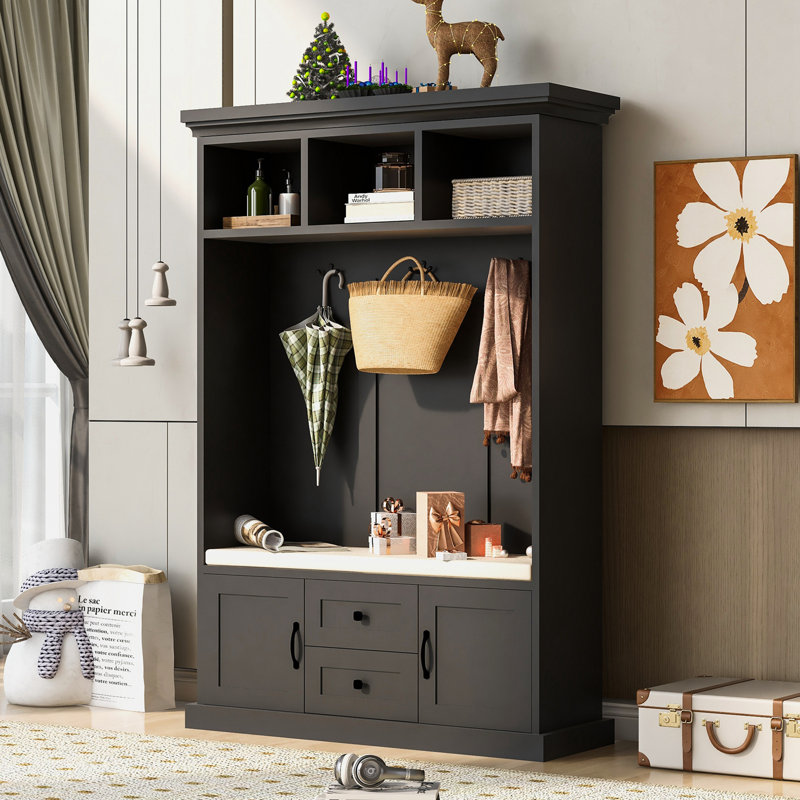 Rafkind Hall Tree with Bench  with 3 Hooks , Coat Hanger, Entryway Bench, Storage Bench, 3-in-1 Design, Black