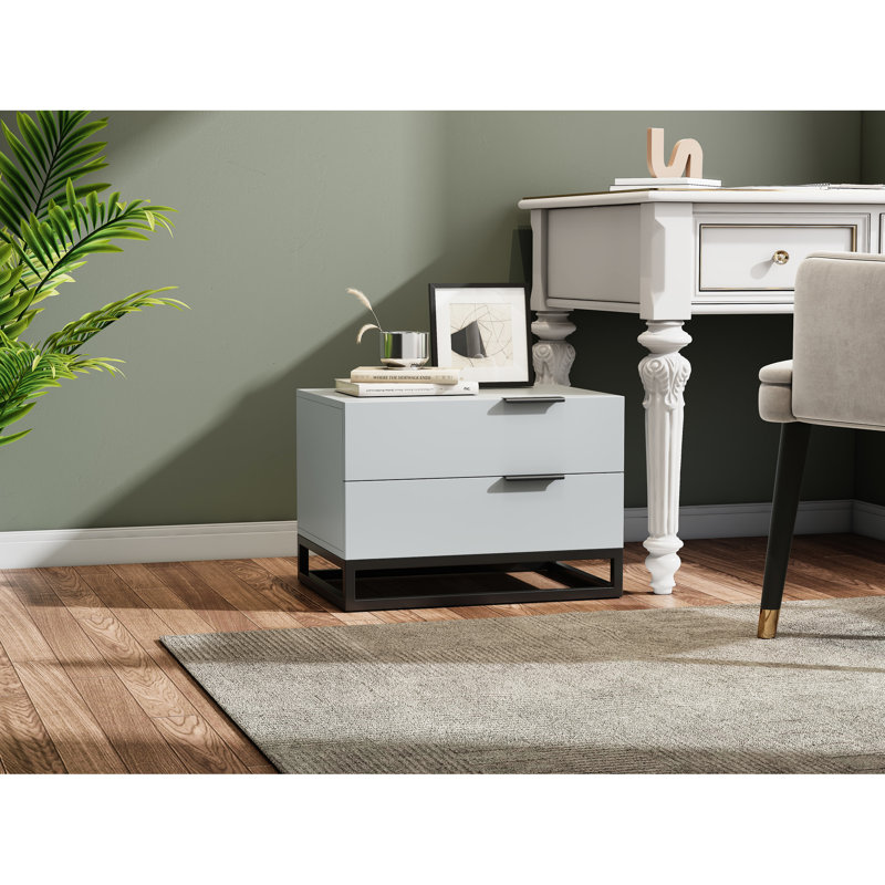 Table de chevet blanche 22 po avec 2 tiroirs - Rangement élégant pour chambre à coucher et couloir en panneau de particules gris et blanc