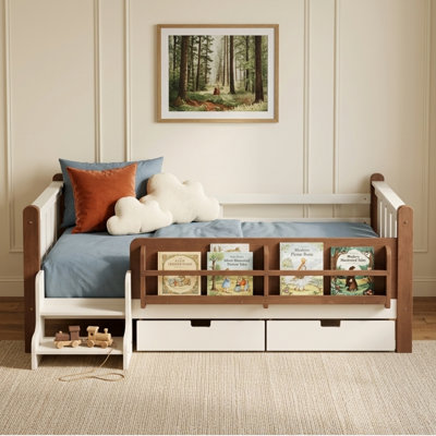 Lit d'enfant en bois massif avec bibliothèques de rangement et tiroirs, lit pour tout-petit avec escalier et garde-corps Montessori