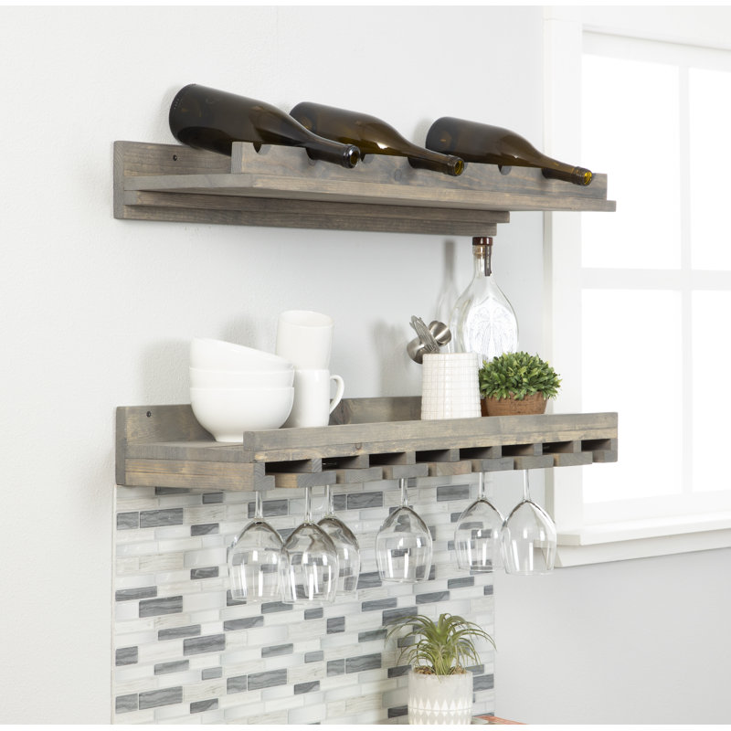 Support à vin à et à verres à fixation murale en bois massif Blende, Gris, H 4,25 po x l 36 po x P 10 po