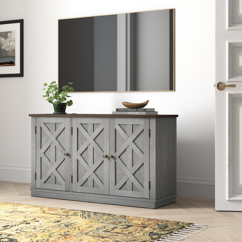 Barboza Farmhouse TV Stand for TVs up to 55", Rustic Media Console with 3 Cabinets , Saw Cut-off White