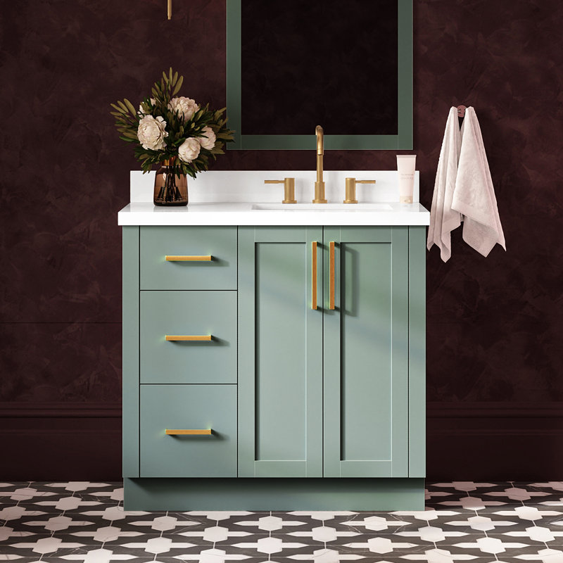 Meuble-lavabo rectangulaire simple de 94 cm (37 po) décalé à droite, avec comptoir en quartz blanc pur de 3,8 cm (1,5 po) d'épaisseur et finition vert vintage