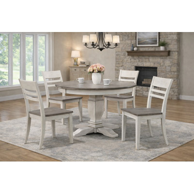 Ifrain 5-Piece Round Dining Set – 45" Ash Wood Table & 4 Ladder-Back Chairs in White and Grey Finish