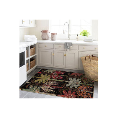 Tapis lavable décoratif multicolore foncé à motif de palmiers multicolores