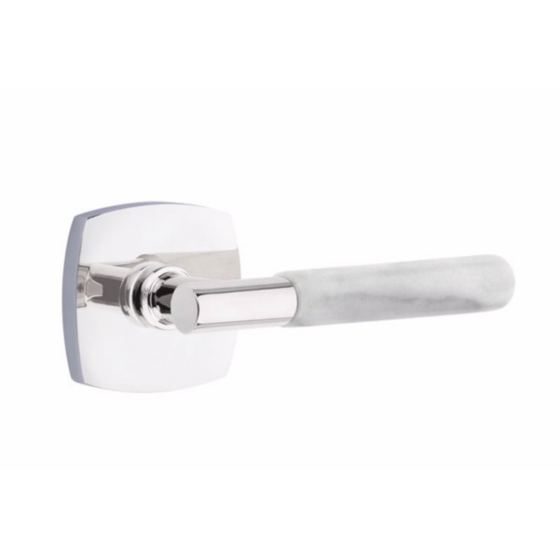 Ensemble de leviers de passage Emtek Select, rosette Urban Modern, tige en T, poignée en marbre blanc, droite, Chrome poli