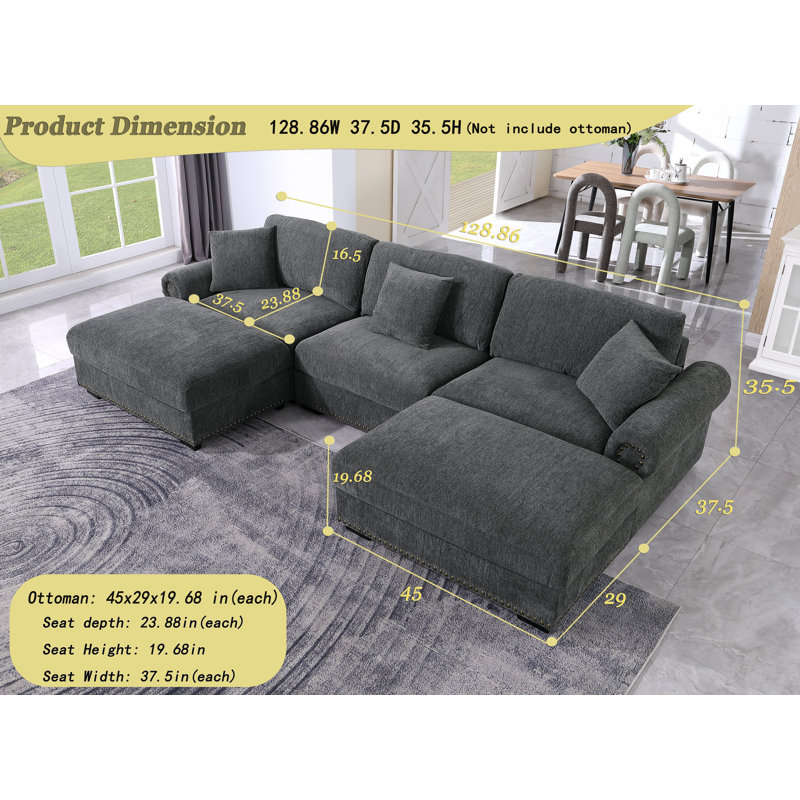 Upholstered 5 Seat U Shaped Sleeper Cloud Couch & Reversible Ottomans, Dark Gray Chenille