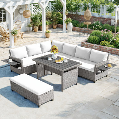 Ensemble de canapé de patio extérieur en rotin 5 pièces, ensemble de mobilier de jardin en forme de L en osier modulaire avec 2 tables d'appoint extensibles, table de salle à manger et housses lavables pour la cour, la piscine, l'intérieur, blanc