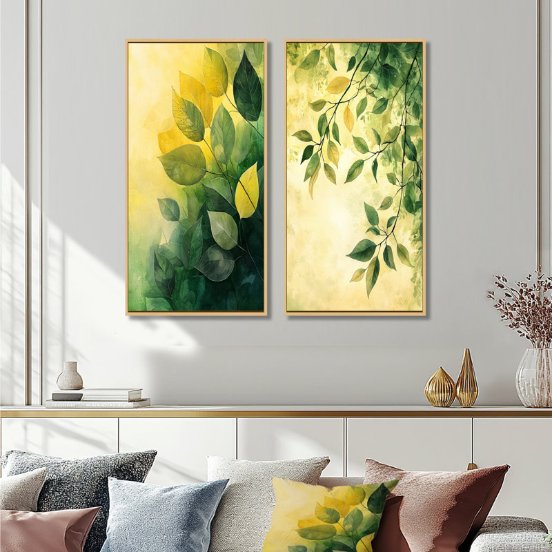 Feuillage vert et jaune, collage de feuilles I - art mural floral 2 panneaux, Cadre crème crème, H 32 po x l 33 po