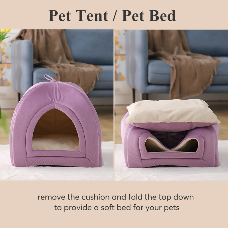 Lit pour chat Crystella pour chat d'intérieur, chat 2 en 1 avec coussin amovible lavable, Petit (L 15 po x l 15 po), Mauve