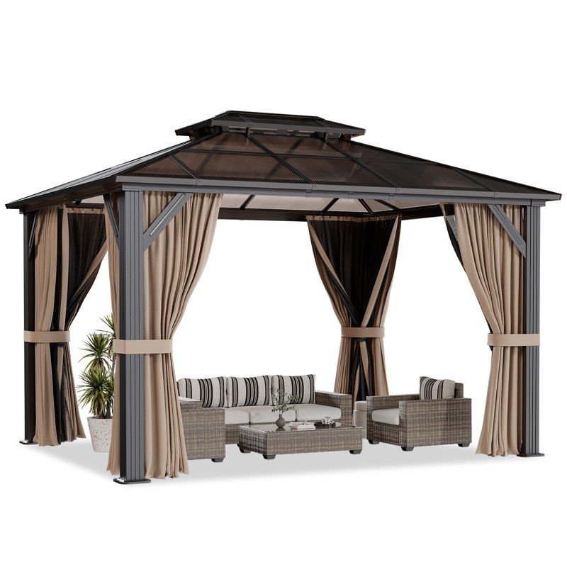 Pavillon de jardin l 12 pi x P 10 pi avec toit en polycarbonate à deux niveaux et structure en aluminium, 12 Ft. W x 10 Ft. D