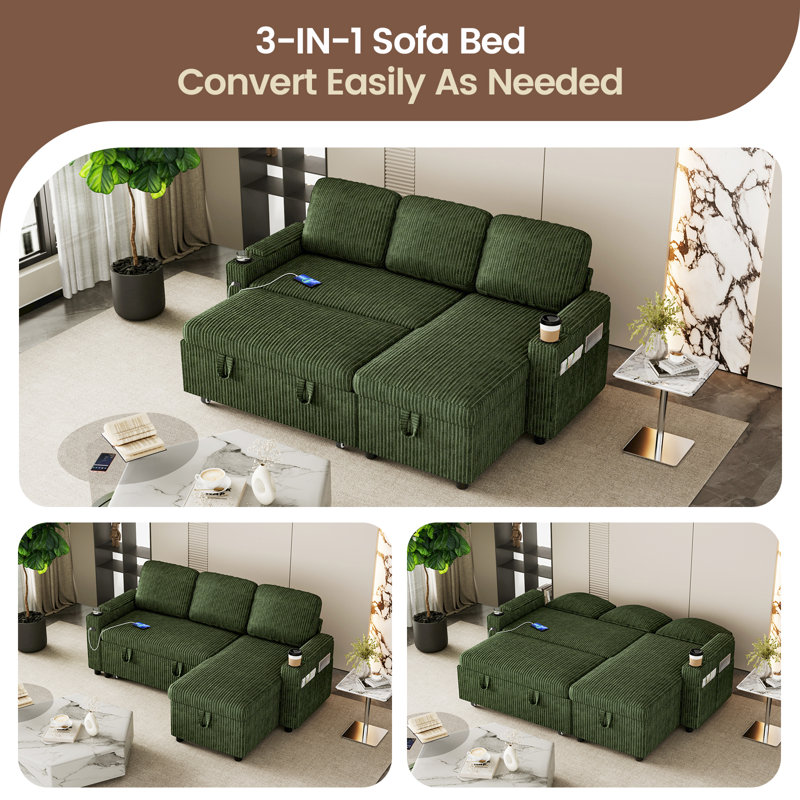3 Seater Sofa & Chaise, Green Corduroy--