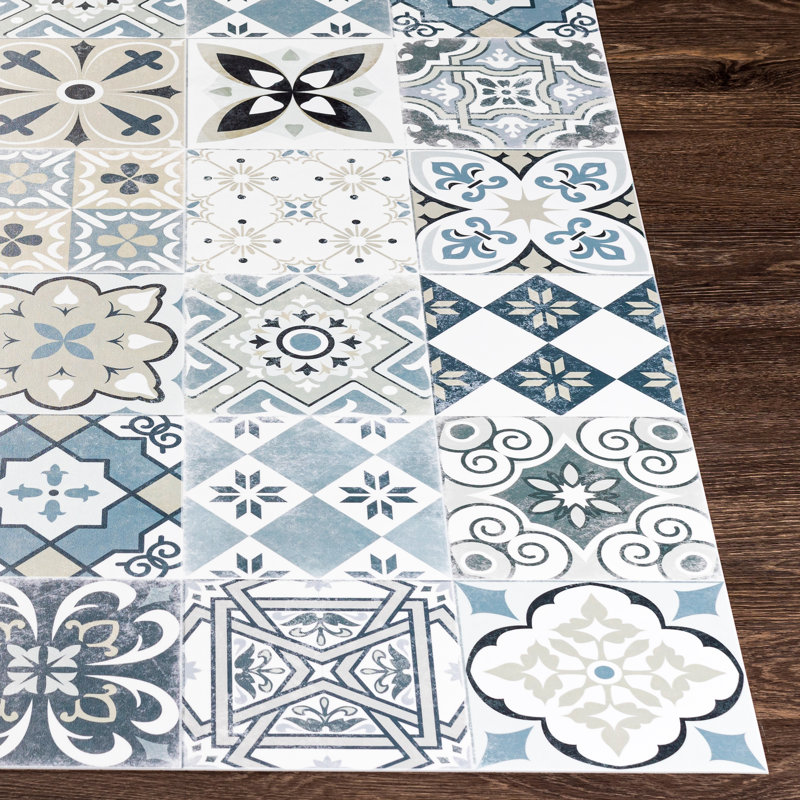 Akkar Geometric Blue/Cream/Gray Area Rug, Rectangle 6'6" x 8'2"