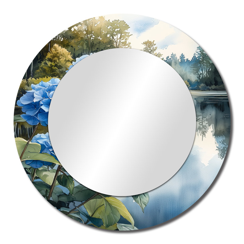 Hydrangeas at the Farm Pond - Art mural miroir floral - imprimé sur métal, 23 po x 23 po