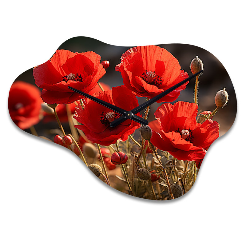 Red Poppies Field I - Coquelicots, horloge murale asymétrique, Petit
