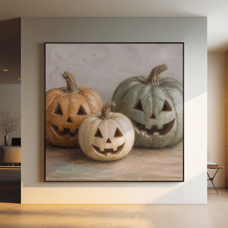 Très grande reproduction d'art sur tissu - Trio de citrouilles citrouilles-lanternes rétro pour le salon ou la chambre à coucher - «Assemblage requis du cadre (cadre non fini)»