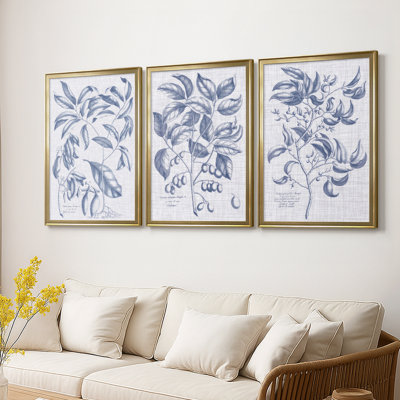 Marine et lin botanique I - Toile tendue avec châssis sur mesure - 3 pièces