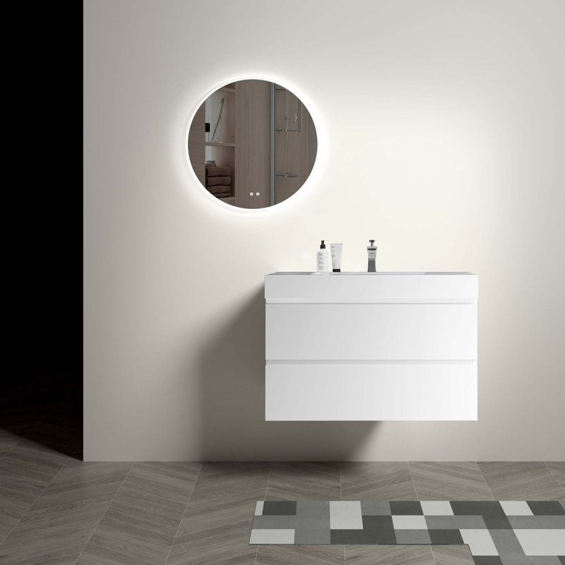 36" Wall Mounted Floating Bathroom Vanity With Sink, White, White