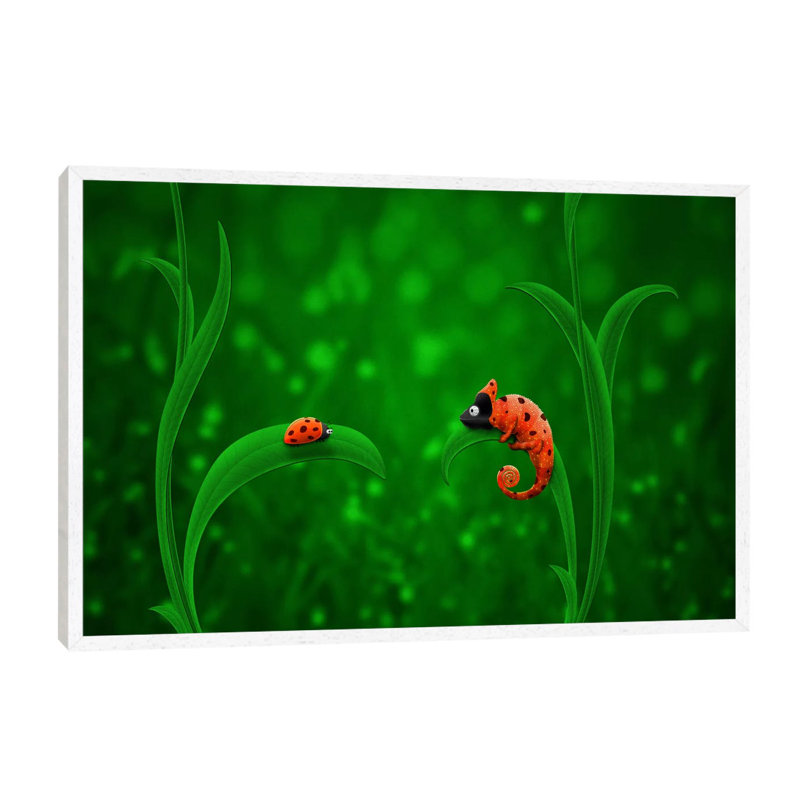 Ladybug And Chameleon - Print on Canvas, 66.04 cm H x 45.72 cm W, White Floater Framed