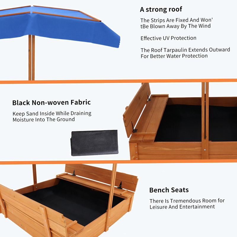 House On Tree 42.9'' x 42.9'' Solid Wood Square Sandbox, Dark Blue