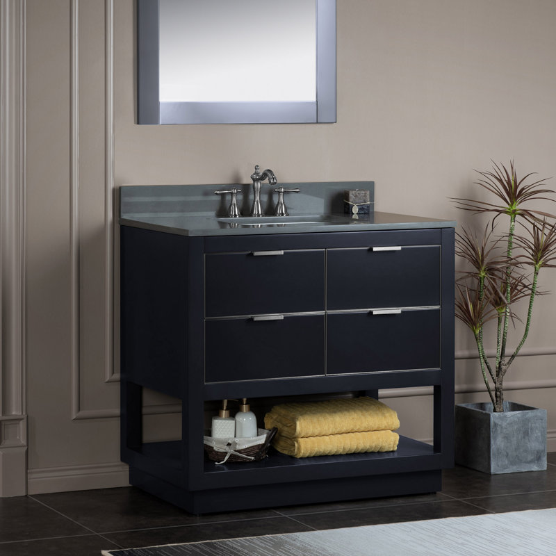 36'' Single Bathroom Vanity with Genuine Marble Top, Gray, Gold, Carrara