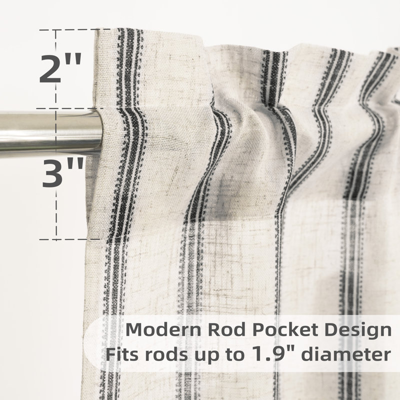 Farmhouse Kitchen Curtains Striped Tier Linen Short Curtains Pinstripe Cafe Curtains, 26" W x 36" L, Black Stripe/Light Linen