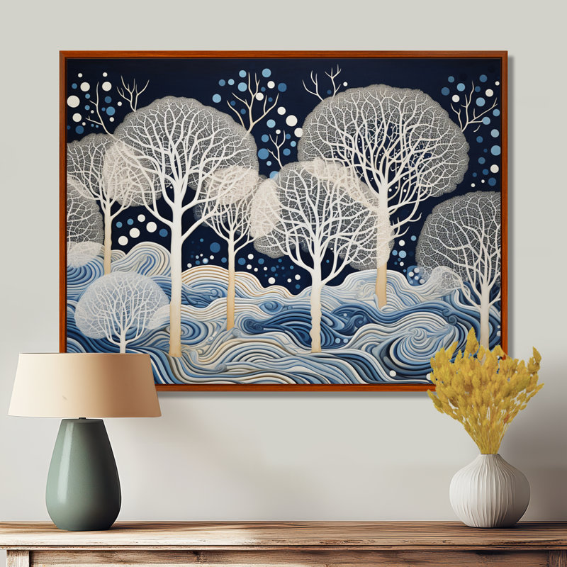 «Winter Magic Trees Blue Night - Tree Oak», reproduction d'art murale, Toile encadrée flottée blanche