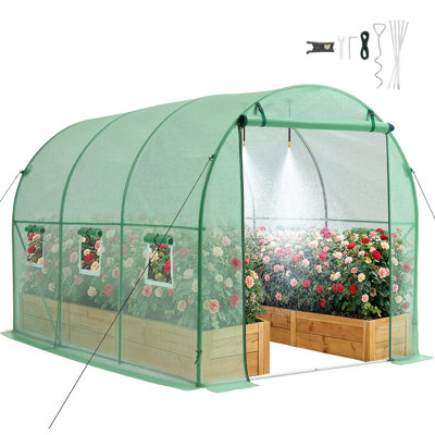 Serre tunnel de 3 x 2,1 x 2,1 m, serre tunnel pour plantes avec 4 buses, tuyau de 8 m, porte zippée enroulable et 6 fenêtres pour l'extérieur, structure en acier, bâche en PE, verte