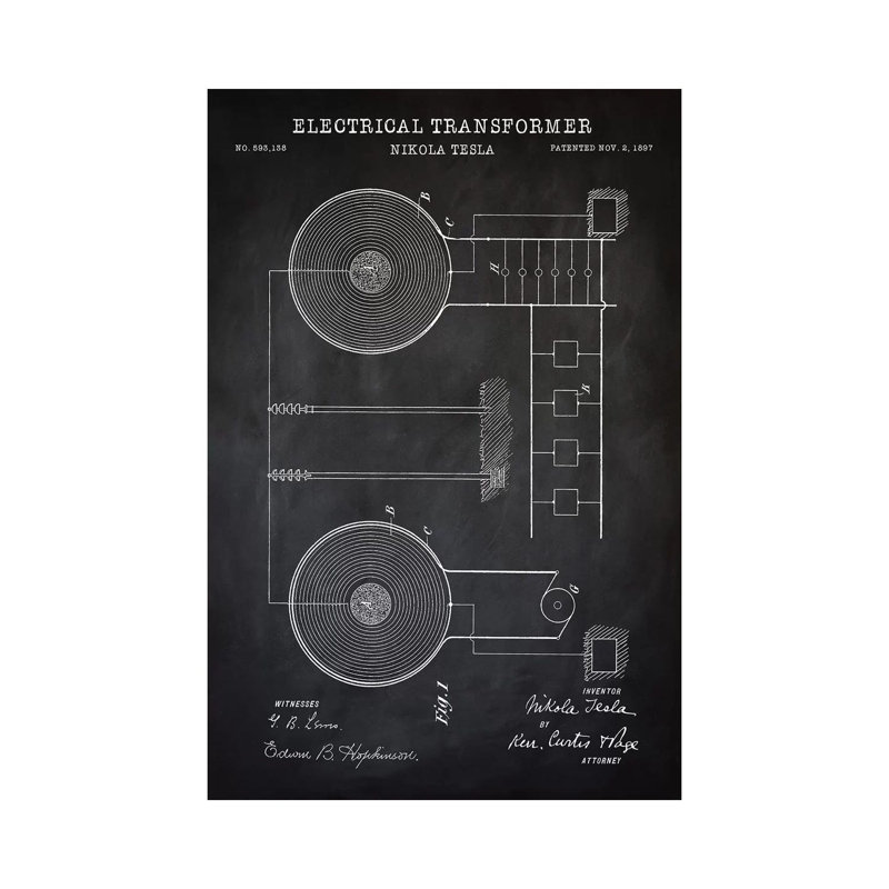 Tesla Electrical Transformer, Black by PatentPrintStore - Wrapped Canvas Print, 20.32 cm H x 30.48 cm W