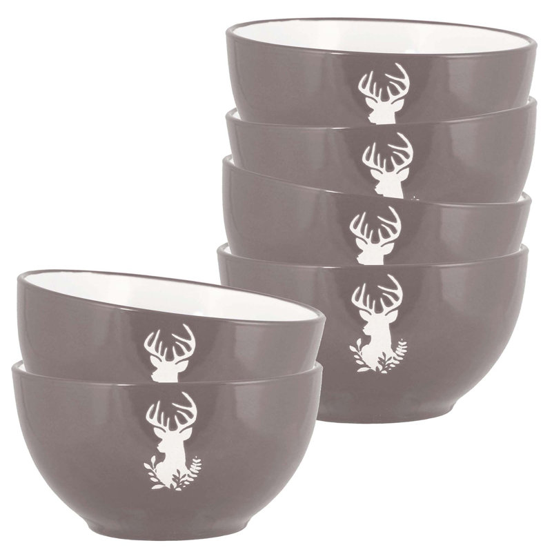 Set Of 6 Red Stag Stoneware Christmas Bowls, Grey