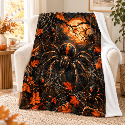 Large Spider Halloween Flannel Throw Blanket, Black Orange Spider Web Print with Moon and Autumn Leaves, Soft Lightweight Blanket for Couch Bed, 60 x 80 in