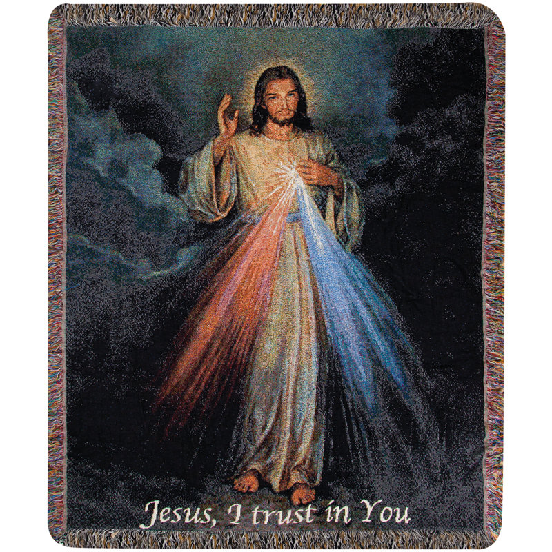 Manual Woodworkers & Weavers The Divine Mercy Woven Cotton Tapestry Throw Blanket with Words 50 x 60 Inch