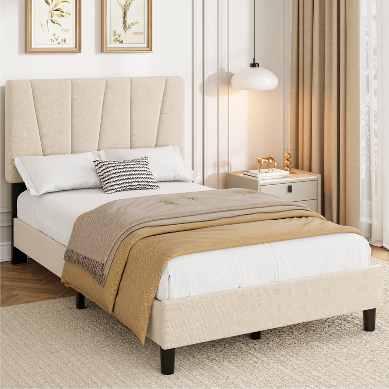 Structure de lit simple tapissier avec plateforme, tissu en lin avec tête de lit réglable à 3 niveaux, lattes en bois, silencieux, aucun sommier requis, assemblage facile, beige