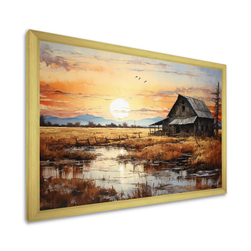 Paysage de grange au crépuscule I - impression, H 34 po x l 44 po x P 1,5 po, Encadrement doré